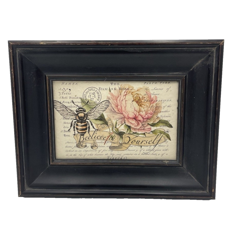 Framed Botanical Floral & Bee‎ "Beelieve in Yourself" Print 7x 9"